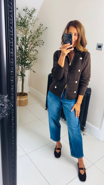 New Hallie military button super soft double zip cardigan