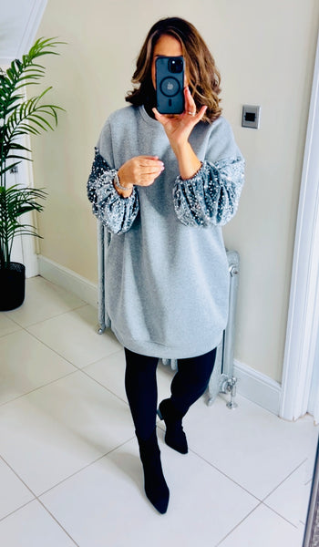 New Stacie sequin sleeve sweatshirt dress