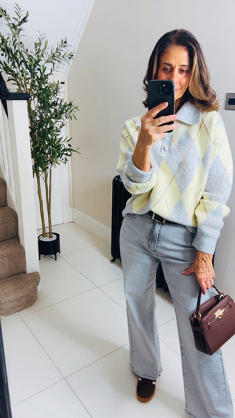 New Martha Argyle button up jumper