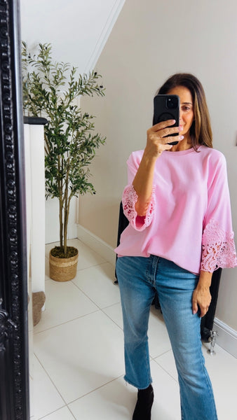 Yvette crochet sleeve fine knit jumper