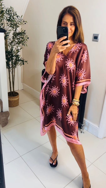 New Greek Sun motif silk mix beach kaftan