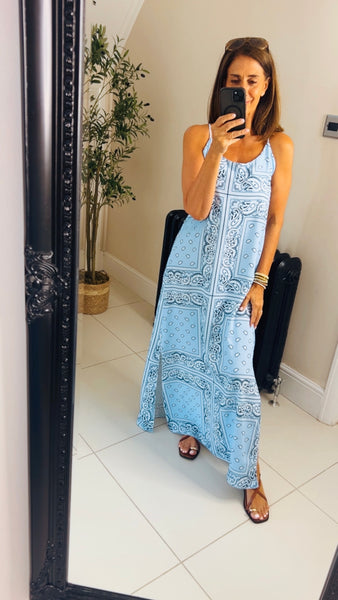 Hannah spaghetti strap bandana print cross back maxi dress
