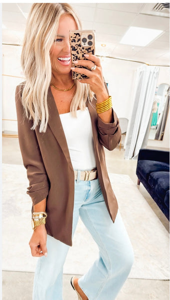 New ruched sleeve blazer in Brown