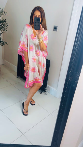 Greek Sun motif silk mix beach kaftan dress