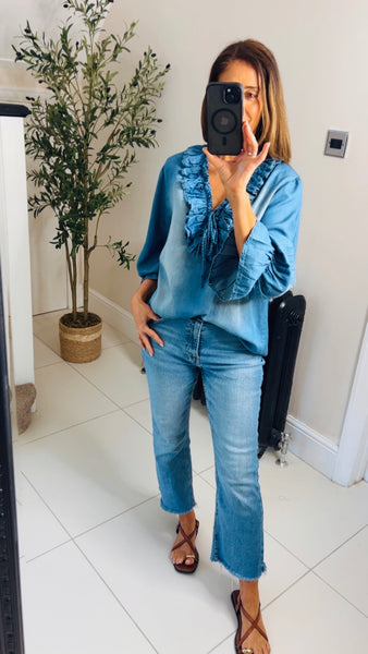 New Katie denim ruffle top