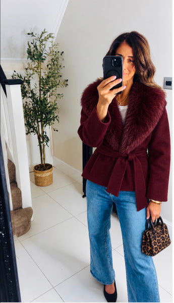 New Lois fur collar belted jacked
